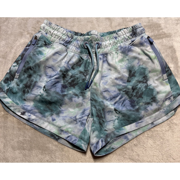 Athleta Girl Shorts SZ L Blue Green Tie Dye All Play 3 Inch Athletic Stretch Run - Picture 1 of 8